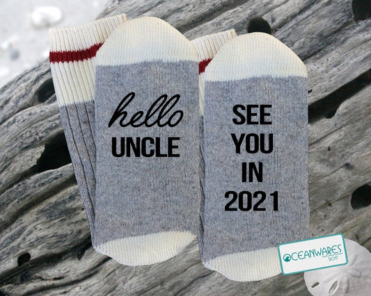 Hello Uncle, Birth Announcement, SUPER SOFT NOVELTY WORD SOCKS.