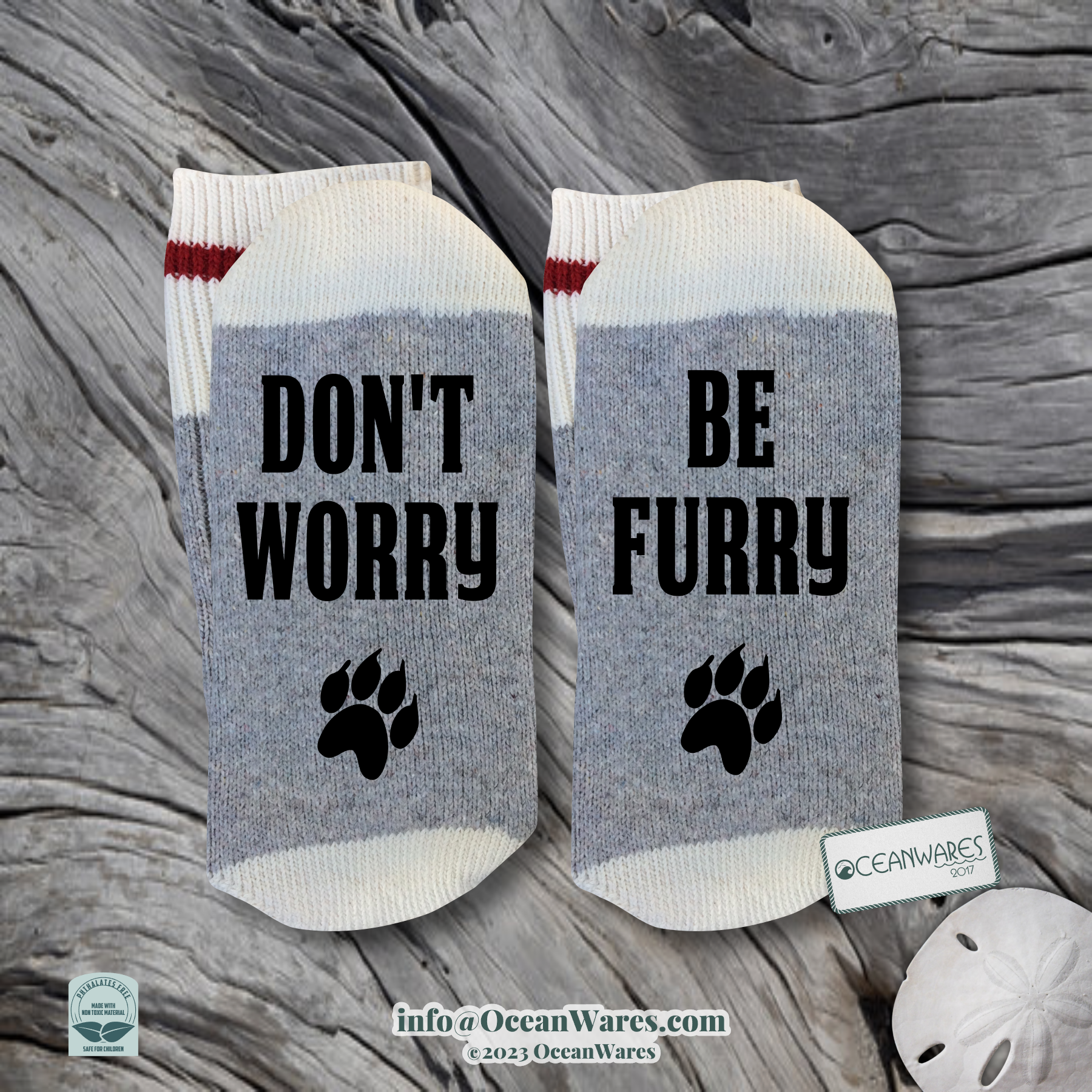 Don't worry, Be Furry, SUPER SOFT NOVELTY WORD SOCKS.