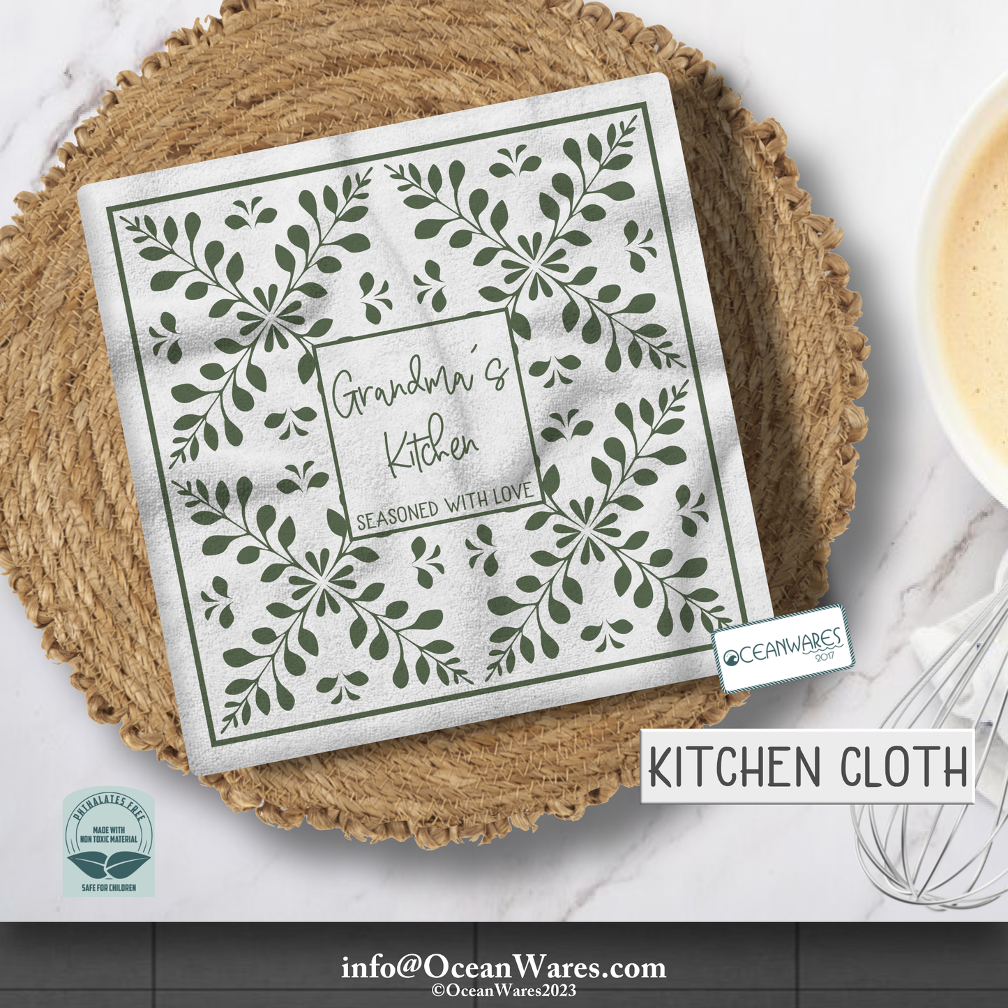 Grandma's Kitchen, Seasoned with Love - Kitchen Cloth - Fun and Eco-Friendly Design.