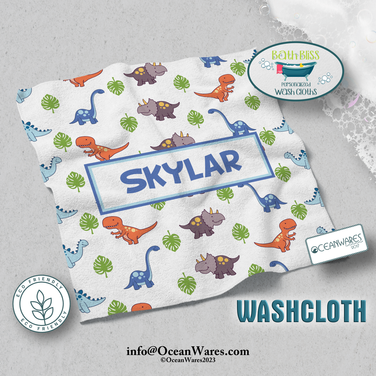 Personalized Kids' Custom Dinosaur Washcloth with Name - Fun and Eco-Friendly Bath Time.