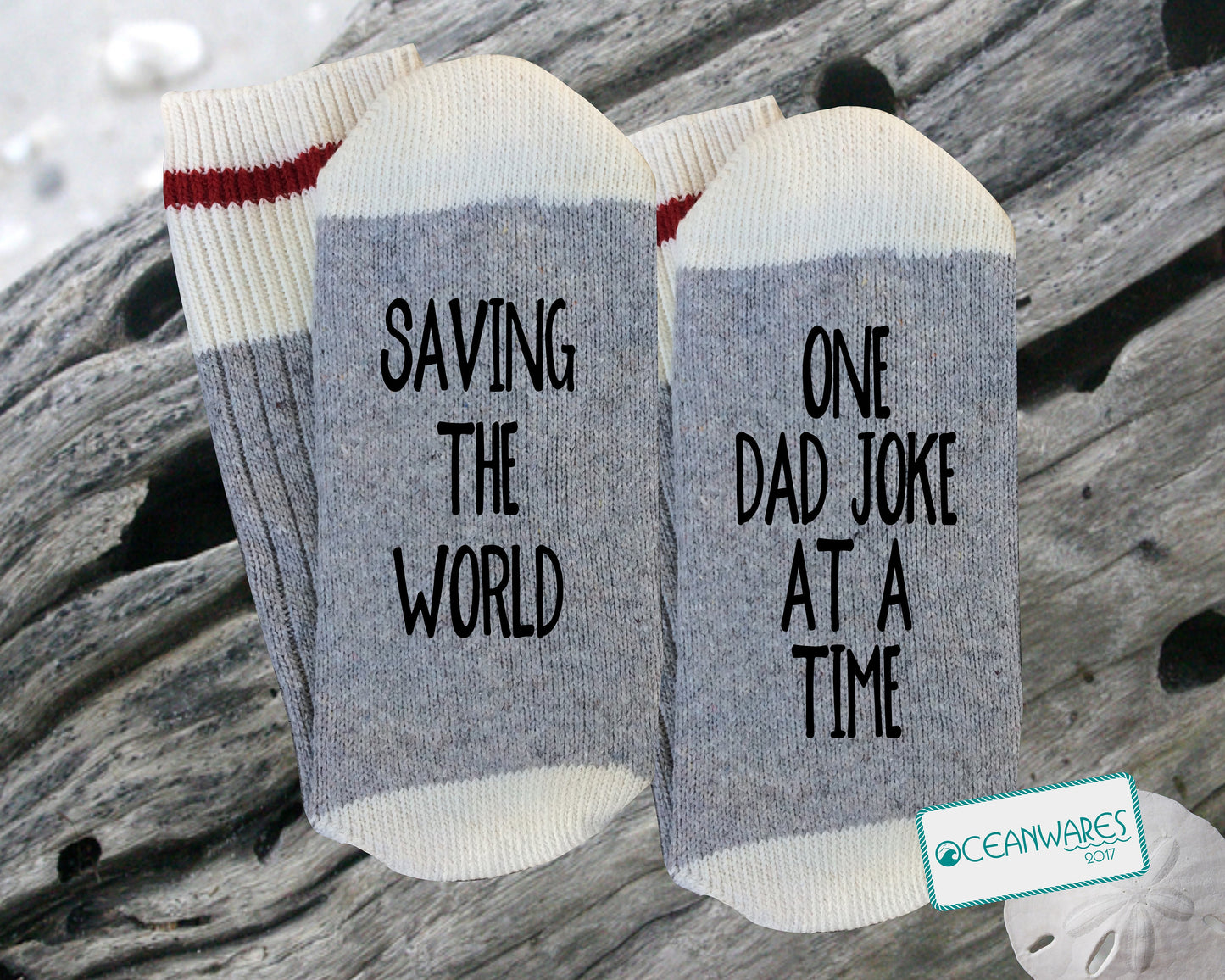 Dad Jokes, Saving the world, One Dad Joke at a time, SUPER SOFT NOVELTY WORD SOCKS.