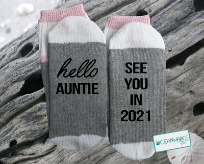 Hello Auntie, Personalized, Birth Announcement, SUPER SOFT NOVELTY WORD SOCKS.