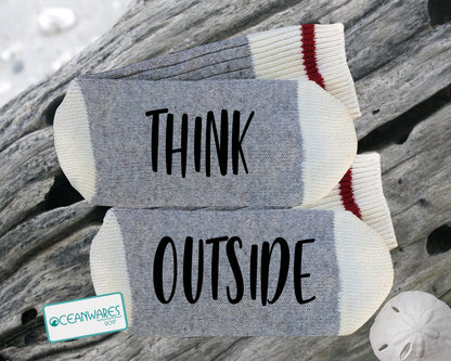 Think Outside. Outdoor Adventure Gift,  SUPER SOFT NOVELTY WORD SOCKS.