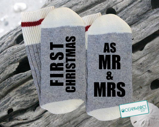 First Christmas as Mr. & Mrs. SUPER SOFT NOVELTY WORD SOCKS.