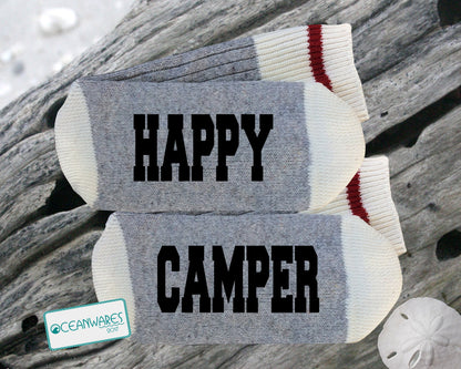 Happy Camper, Camping, Camp, SUPER SOFT NOVELTY WORD SOCKS.