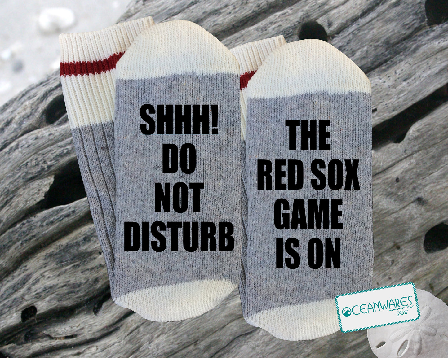 Red Sox Game is on, SUPER SOFT Novelty Word SOCKS.