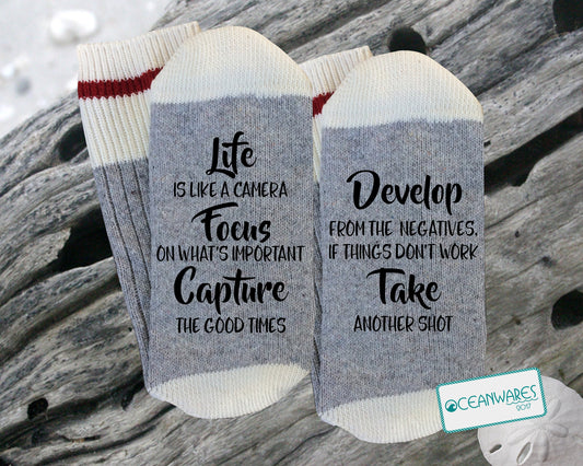 Photographer Gift, Life is a Camera, SUPER SOFT NOVELTY WORD SOCKS.