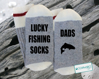 Dad's Lucky Fishing SOCKS, SUPER SOFT NOVELTY WORD SOCKS.