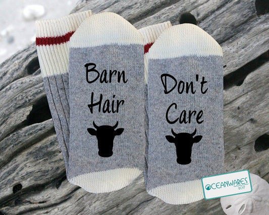 Barn Hair, Don't Care, Farm gift, SUPER SOFT NOVELTY WORD SOCKS.