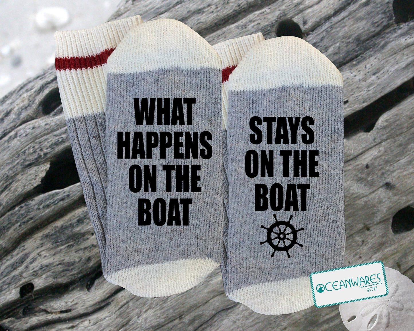 What happens on the boat, stays on the boat, SUPER SOFT NOVELTY WORD SOCKS.