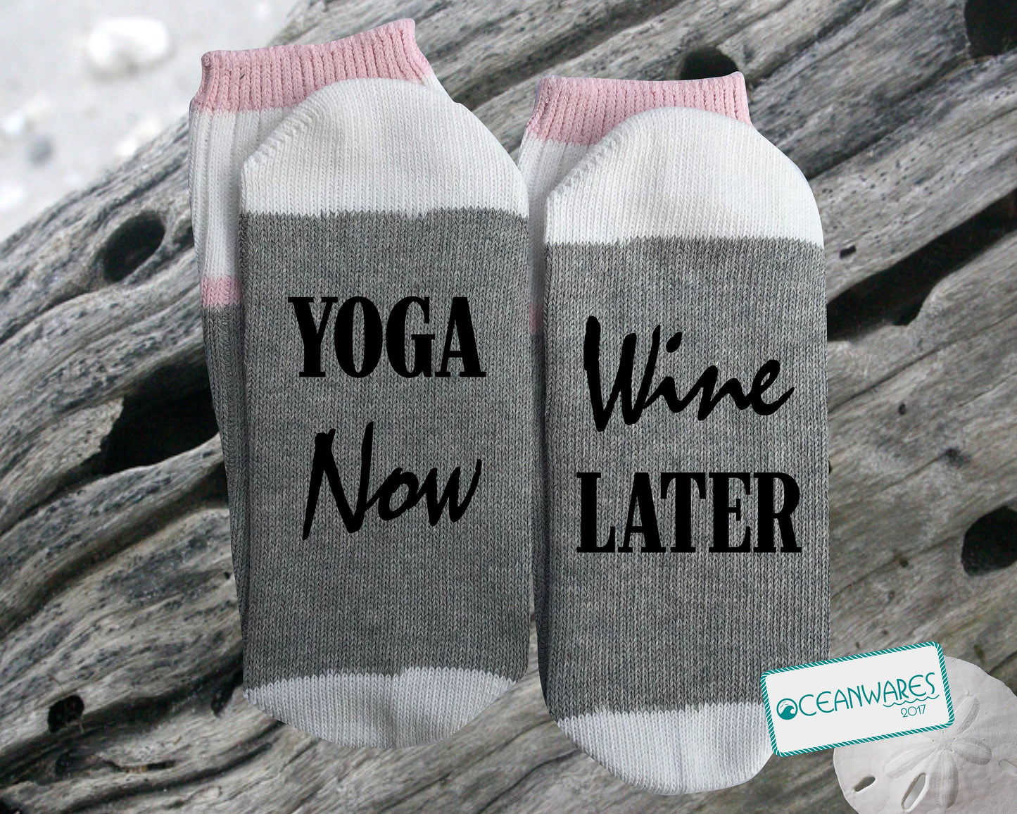 Yoga Now, Wine Later,  SUPER SOFT NOVELTY WORD SOCKS.