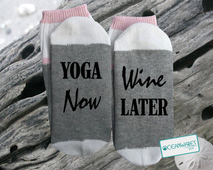 Yoga Now, Wine Later,  SUPER SOFT NOVELTY WORD SOCKS.