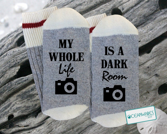 Photographer Gift, My Whole Life is a Dark Room, SUPER SOFT NOVELTY WORD SOCKS.