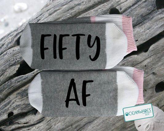 50th Birthday Gift for her, Fifty AF, Fifty Birthday, SUPER SOFT NOVELTY WORD SOCKS.