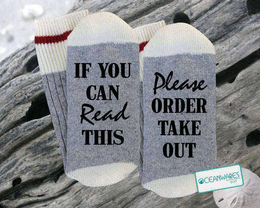 Please Order Take Out, Take Out, Couples gift, SUPER SOFT NOVELTY WORD SOCKS.