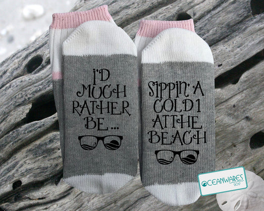 Sipping a Cold One, Beach SOCKS, SUPER SOFT NOVELTY WORD SOCKS.